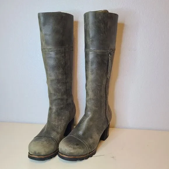 Sorel Women Boots NL2301 Addington Distressed Taupe Gray Leather Tall Heel Sz 7 - Picture 4 of 12